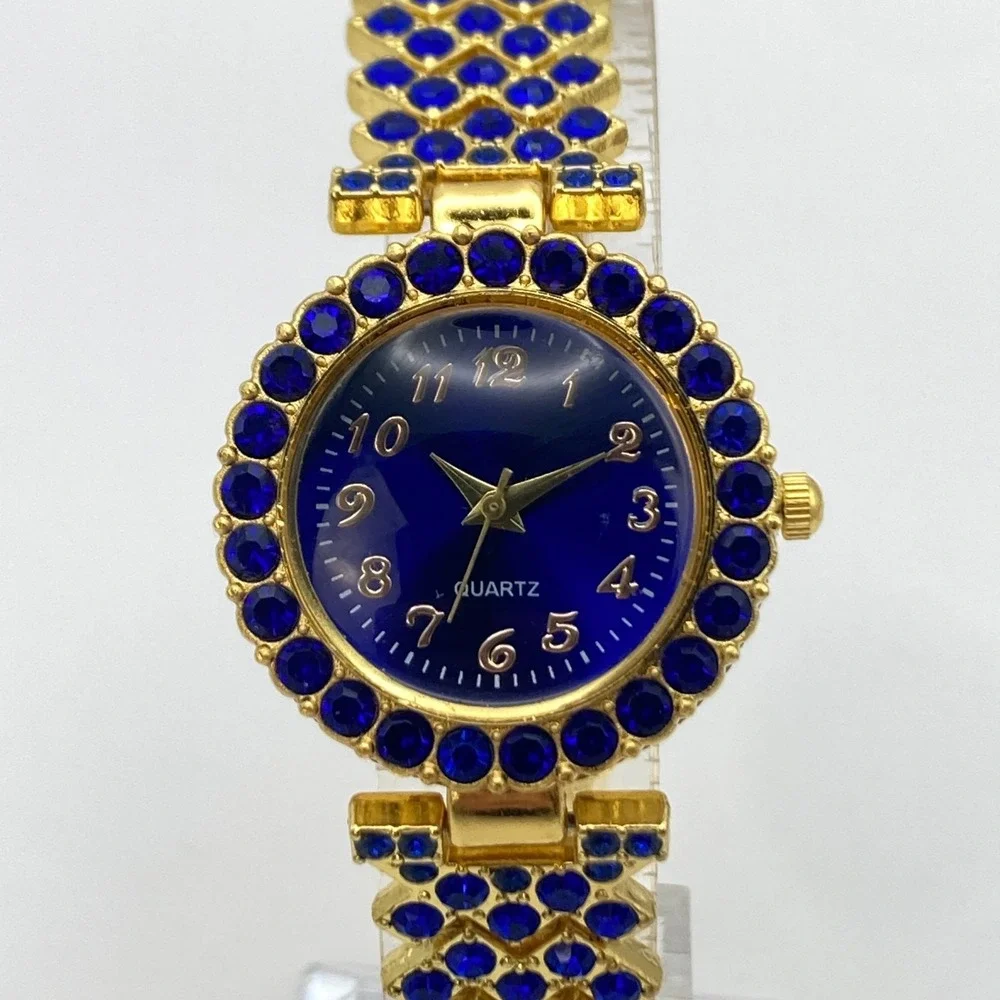 Modern Women's Watch 29mm Gold Tone Blue Crystals Bling Round New Battery 7.25
